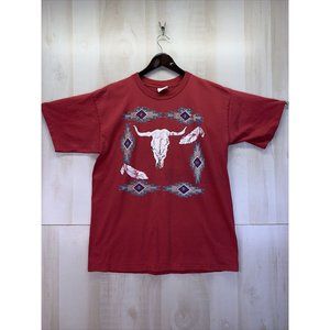 Vintage Single Stitch G Tees Apparel Bull Skull Aztec Red Graphic T Shirt XL